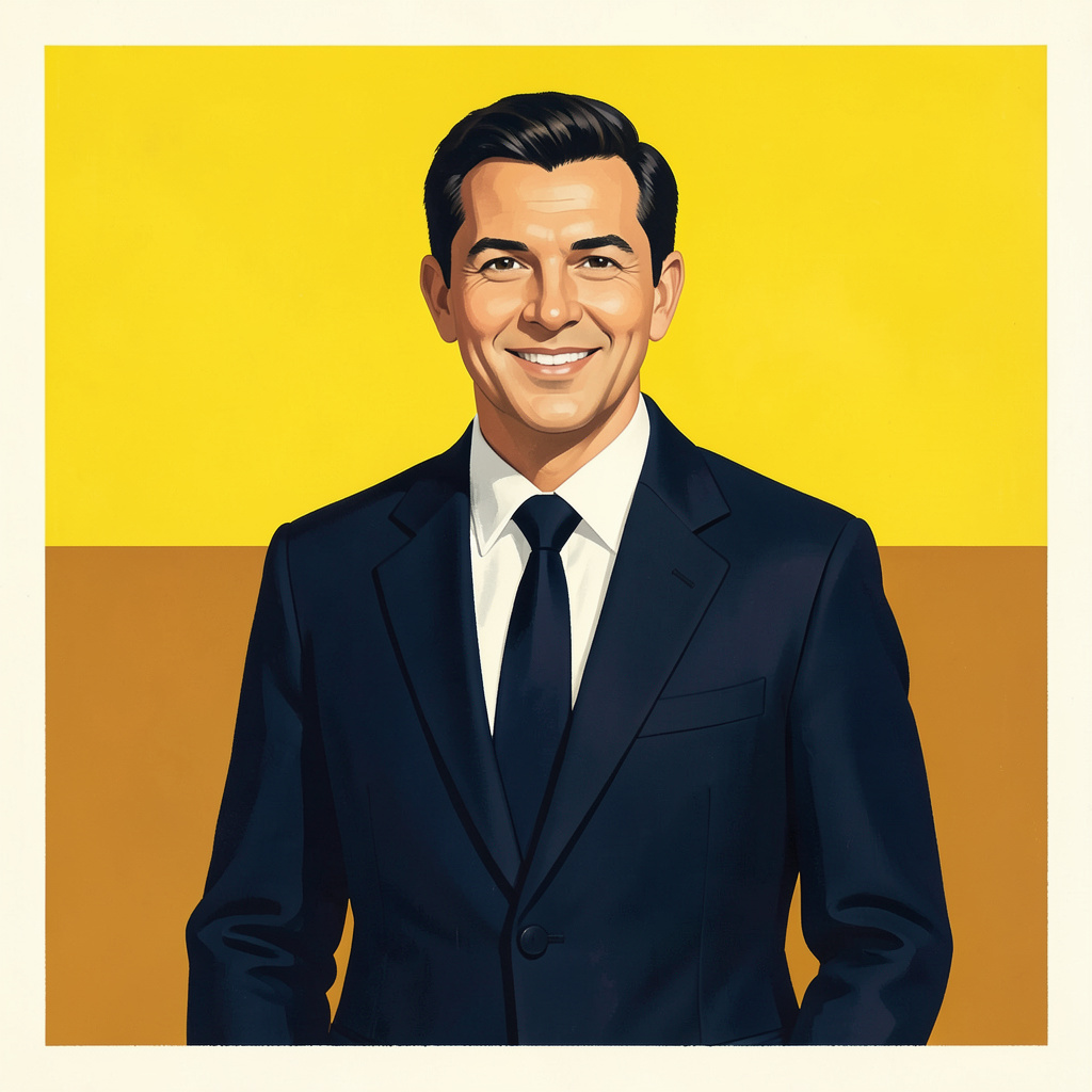 A matte gouache poster painting of a confident advisor in a dark navy suit against a cream background, warm mustard yellow accent stripe, professional and approachable mood