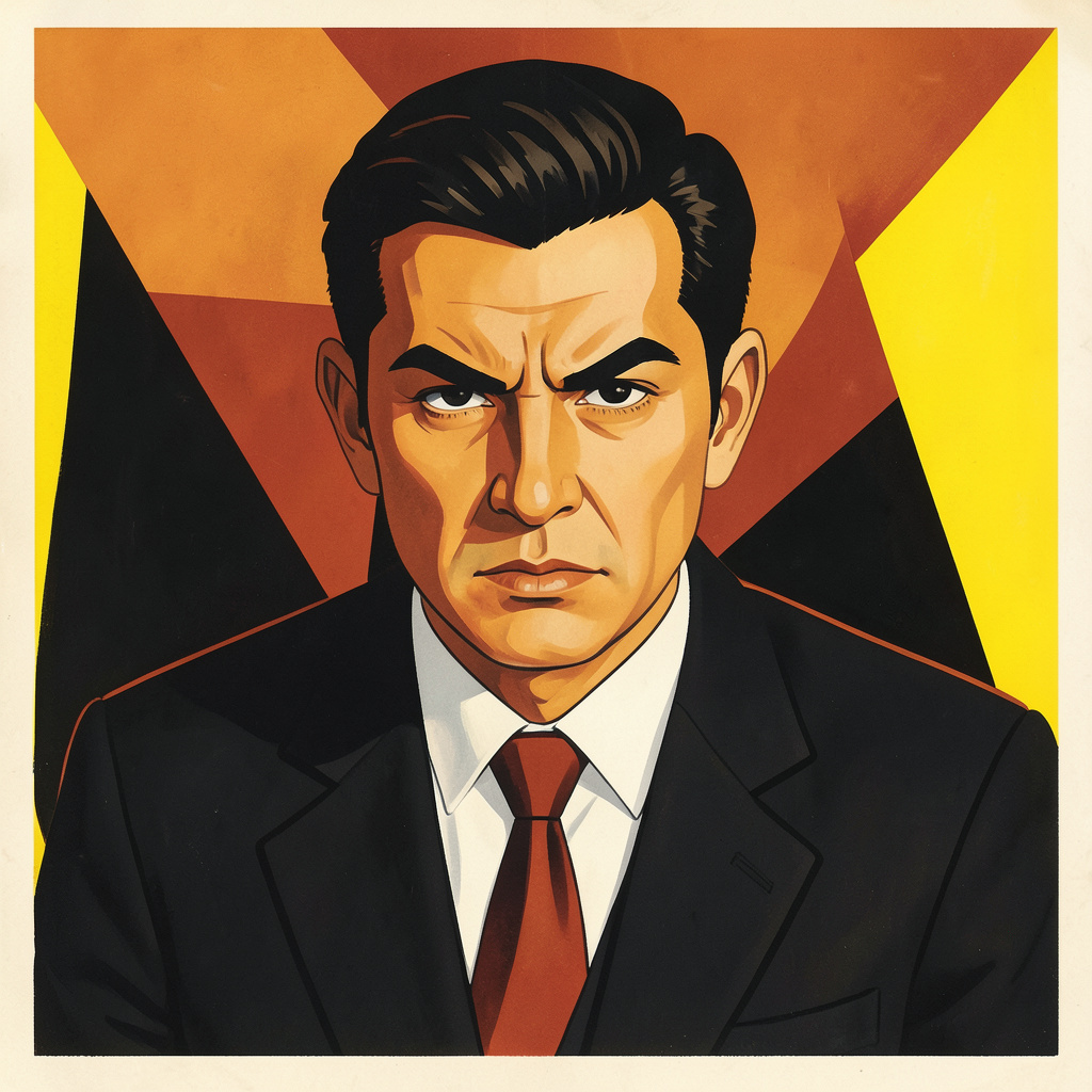 A matte gouache poster painting of a focused strategist with deep orange and black geometric shapes behind, sharp and determined expression, bold graphic style