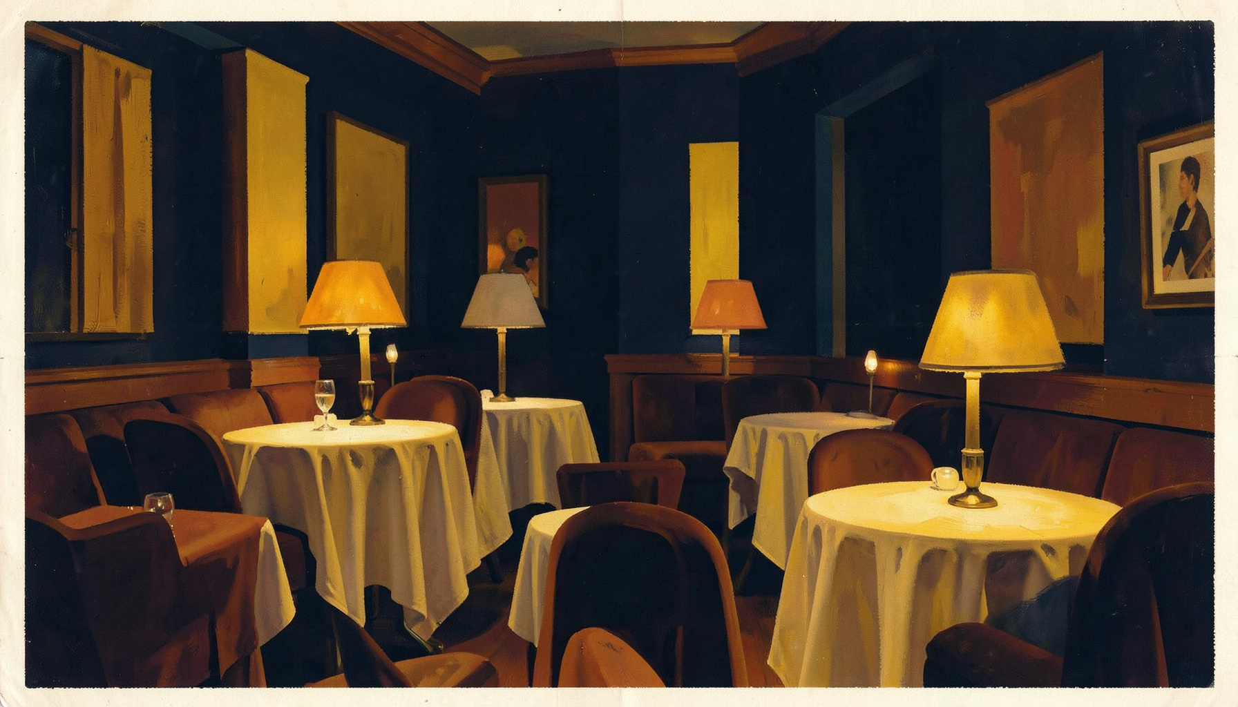 A matte gouache poster painting of a warm casino lounge at dusk, deep navy walls with mustard yellow and burnt orange accents, soft amber glow from table lamps, rich cream tablecloths, moody and sophisticated atmosphere