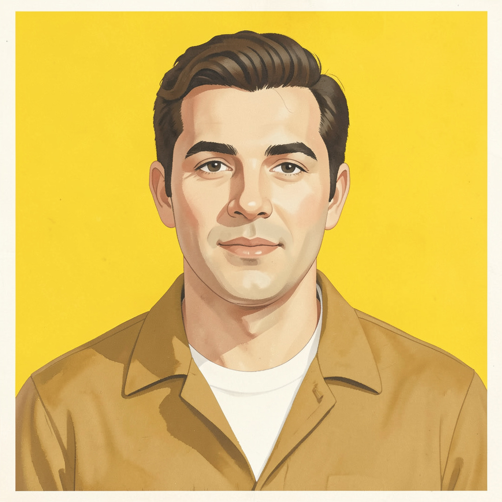A matte gouache poster painting of a creative lead with warm beige and mustard yellow tones, soft but assured demeanor, modern poster aesthetic